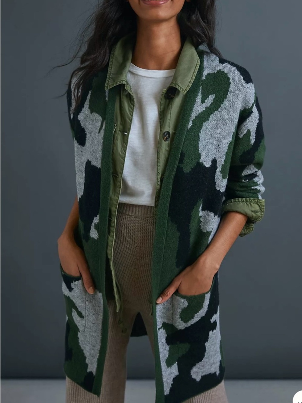 Anthropologie Kennie Camouflage Green Cardigan Size S